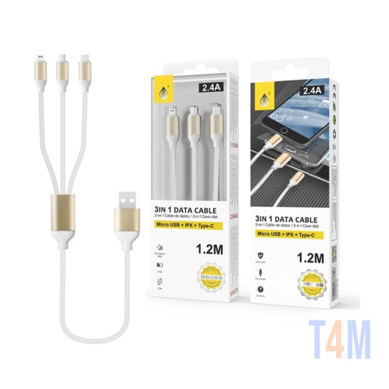 CARGADOR COCHE MICRO 2 PUERTOS USB 2.4A CON CABLE TIPO C 1.2M BLANCO