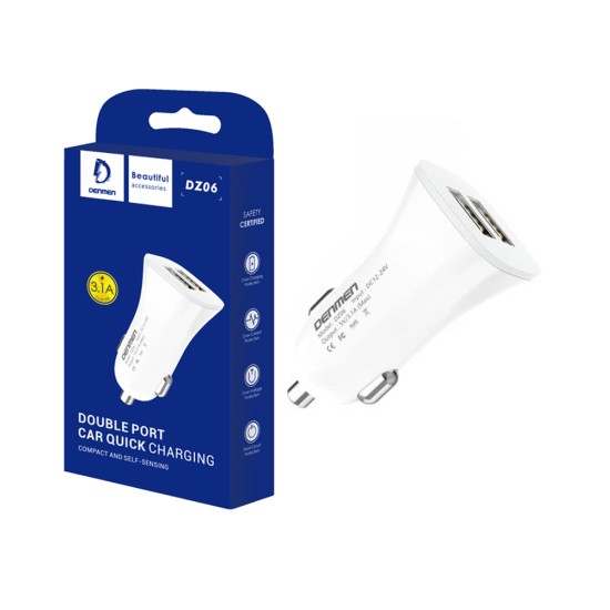 Adaptador de Carregador de Carro Denmen DZ06 Dual USB 5V/3,1A Branco Adaptador de Carregador de Carro Denmen DZ06 Dual USB 5V/3,1A Branco