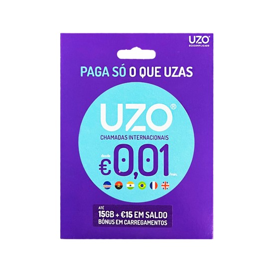 Cartão SIM UZO para chamadas internacionais 0,01€/Min com 15GB+15€ Bónus Carregmento