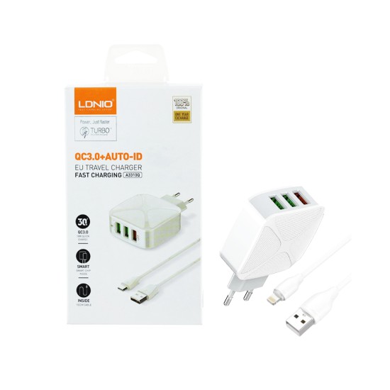 Ldnio Charger A3310Q 3 Ports USB-A 30W QC3.0 with Lightning Cable 1M White