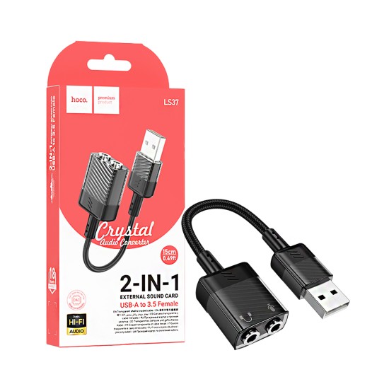 cabo Adaptador de áudio Hoco LS37 Spirit USB para 3,5 mm 15cm Preto