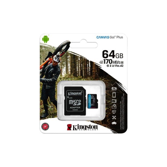 Kingston Canvas Go Plus Memory Card MicroSDXC 64GB UHS-I U3 V30 A2 Class 10 with Adapter