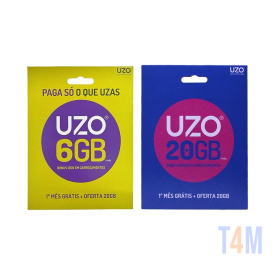 Conjunto de combinação de cartão SIM UZO 26 GB (1000 min/50SMS) + UZO 40 GB (20GB+2000MIN+50 SMS 20GB) Bónus Carregmento durante 1 Mês