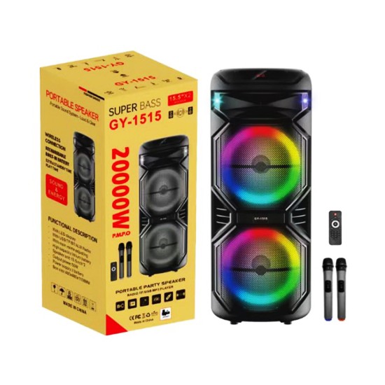 Coluna Sem Fio Portátil GY-1515 com Microfone Duplo Preto