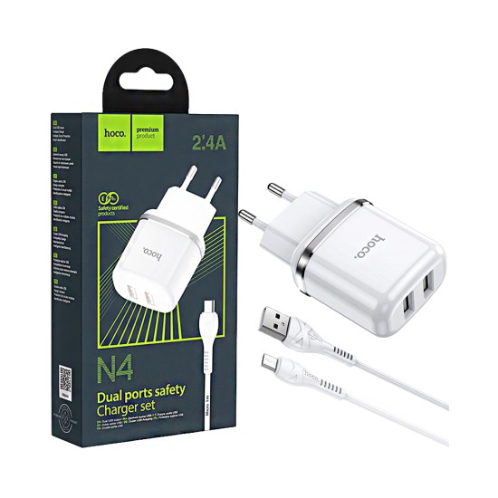 Hoco Charger N4 Aspiring 2 Ports USB-A 2.4A with Micro Cable 1M White