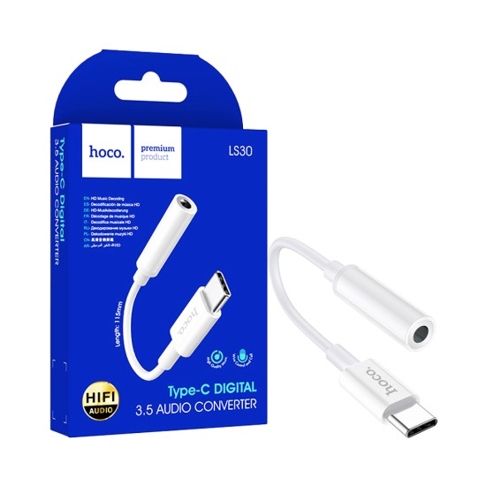 Cabo Adaptador de Áudio Hoco LS30 Tipo-C para 3,5mm Branco