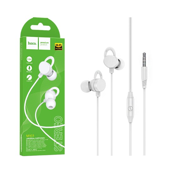 Hoco Universal Wired Earphones M103 Rhyme with Microphone 3.5mm 1.2m White