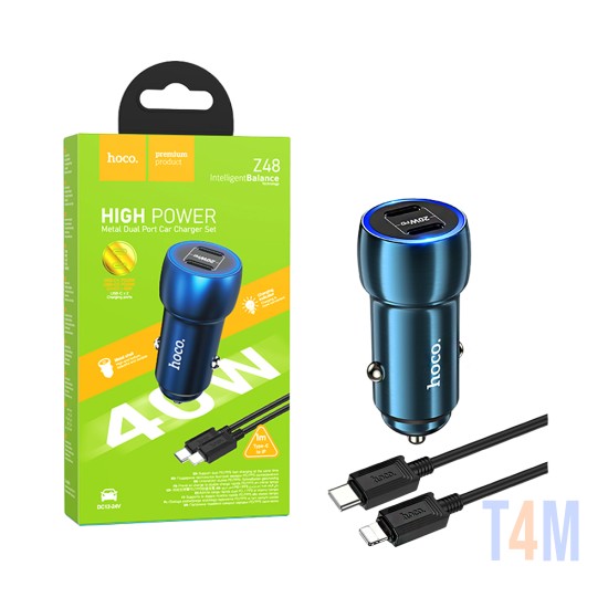 Hoco Car Charger Z48 Tough Dual Port Type-c 40W with Type-C to Lightning Cable 1M Sapphire Blue