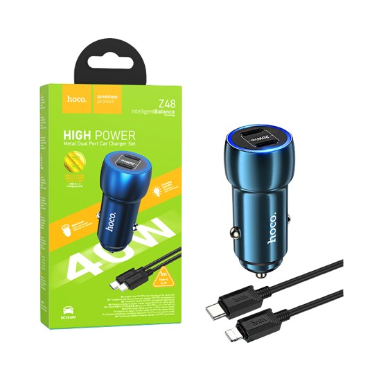 Hoco Car Charger Z48 Tough Dual Port Type-c 40W with Type-C to Lightning Cable 1M Sapphire Blue