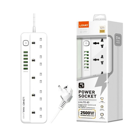 LDNIO Extension Cord SC5614 with 5 Sockets+6 USB-A 2500W 2M White