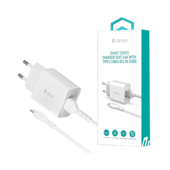 Adaptador Devia RLC-526 Smart Series 2 Portas USB-A 2,4A com Cabo Tipo-C 1m Branco