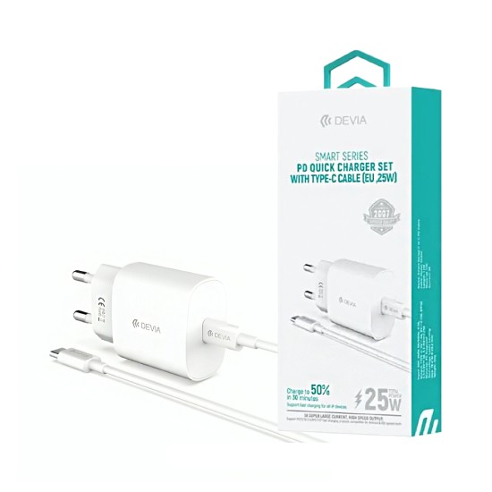 Adaptador Devia RLC-383 Smart Series Tipo-C PD 25W com Cabo  Tipo-C to Tipo-C 1m Branco