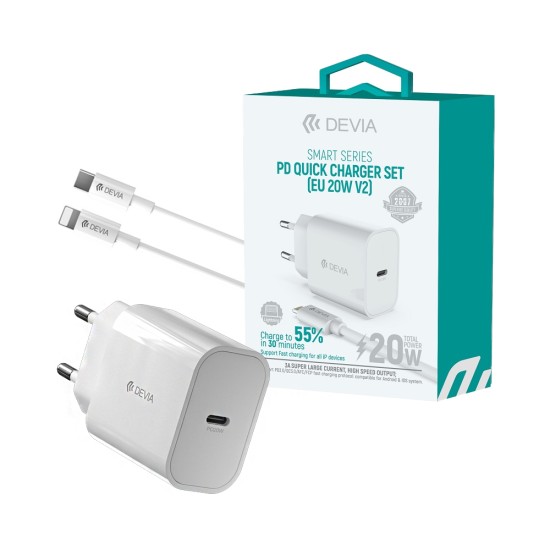 Carregador Devia RLC-381B Smart Series Tipo-C PD 20W com Cabo Lightning 1m Branco