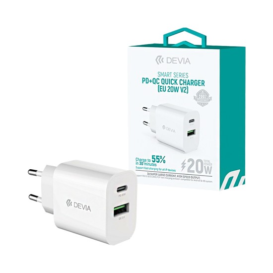 Adaptador Devia RLC-389 2 Portas USB-A+Tipo-C QC+PD 20W Branco