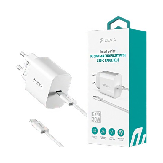 Carregador Devia RCE-30005CL Smart Series Tipo-C PD 30W GAN com Cabo  Tipo-C to Tipo-C 1m Branco