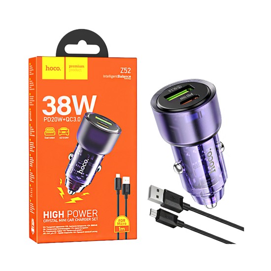 Hoco Car Charger Z52 Spacious 2 Port USB+Type-C 38W with MIcro Cable 1M Transparent Purple