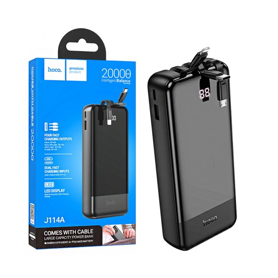 Hoco Power Bank J114A Charger with 4-in-1 USB Port+Micro+Type-C+Lightning Cable 20000mAh Black