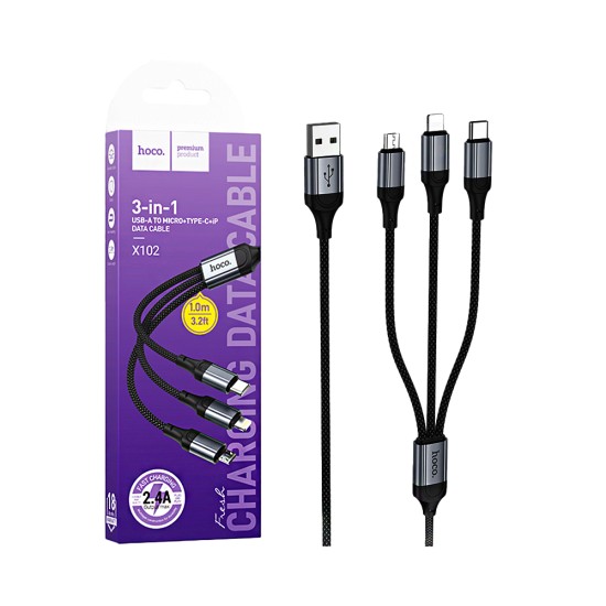 Hoco 3 in 1 Charging Cable X102 Fresh USB-A to (Lightning+Type-C+Micro) 2.4A 1m Black