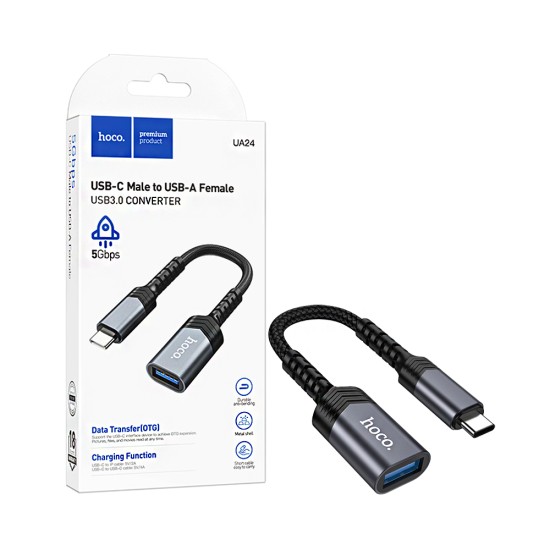 Adaptador Hoco UA24 macho Tipo-C para Fêmea USB Cinza Metálico