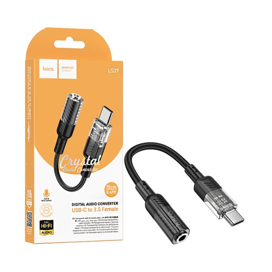 Cabo Adaptador de Áudio Hoco LS37 Spirit Tipo-C para 3,5mm Preto