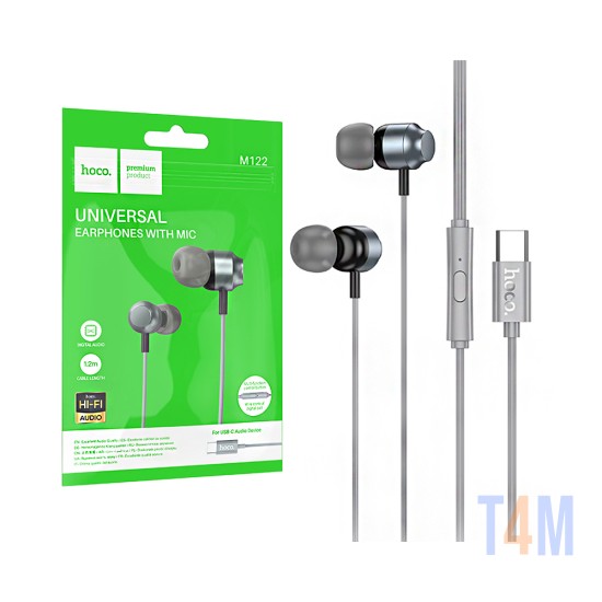 Hoco Universal Wired Earphones M122 Power with Microphone Type-C 1.2m Metal Gray