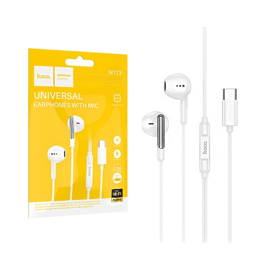 Auscultadores Universal Hoco M123 Glory com Cabo e Microfone Tipo-C 1,2m Branco