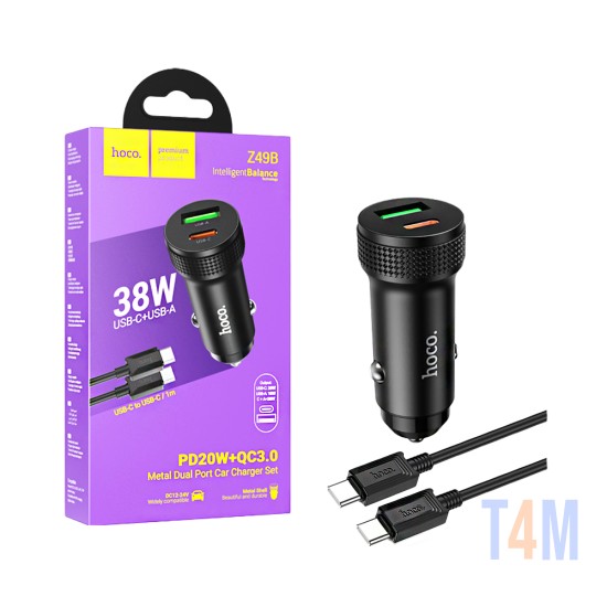 Carregador de Carro Hoco Z49B Level Porta Dupla USB+Tipo-C 38W com Cabo Tipo-C para Tipo-C 1M Preto