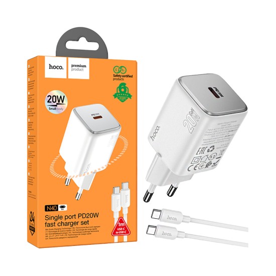 Hoco Charger N40 Mighty Type-C PD 20W GAN with Type-C to Type-C Cable 1m White