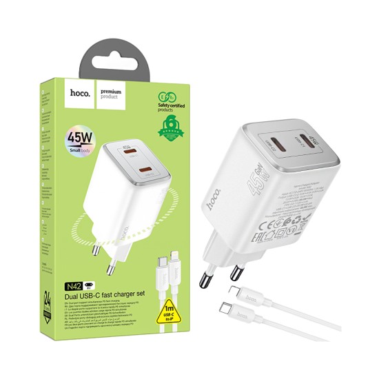 Carregador Hoco N42 Elogiado 2 Portas PD45W com Cabo Tipo-C para Lightning 1m Branco