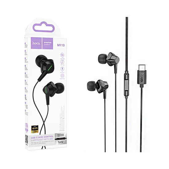 Hoco Universal Wired Earphones M113 Landy with Microphone Type-C 1.2m Black