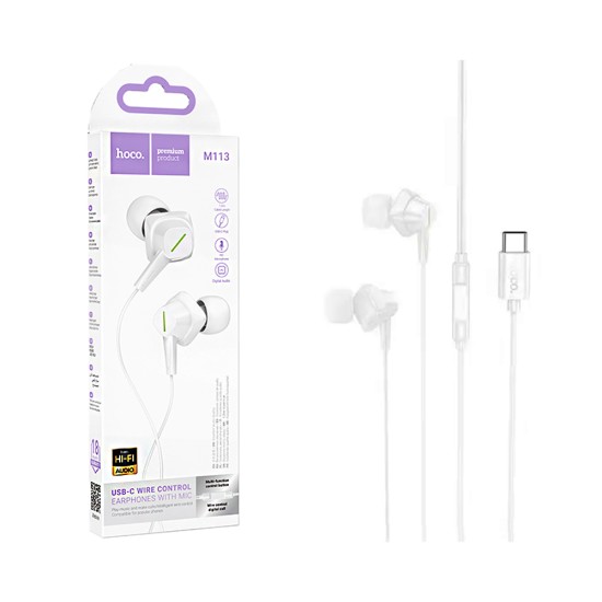 Hoco Universal Wired Earphones M113 Landy with Microphone Type-C 1.2m White