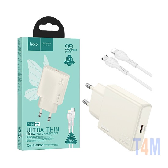 Hoco Charger N44 Biscuit Type-C PD 30W GAN with Type-C to Lightning Cable Moonlight White