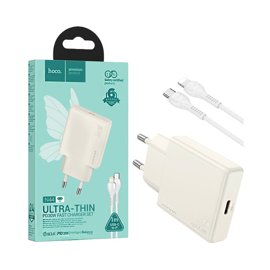 Hoco Charger N44 Biscuit Type-C PD 30W GAN with Type-C to Lightning Cable Moonlight White