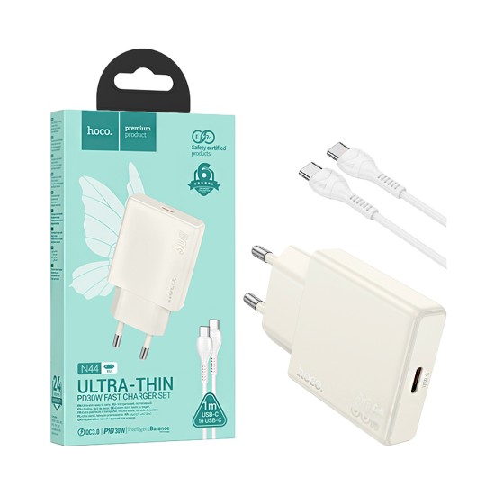 Hoco Charger N44 Biscuit Type-C PD 30W GAN with Type-C to Type-C Cable Moonlight White