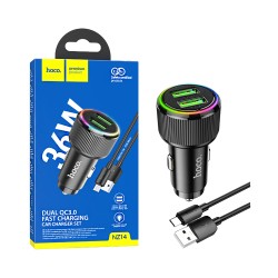 Carregador de carro Hoco NZ14 Guerrero Porta Dupla USB 36W com Cabo Micro 1M Preto Carregador de carro Hoco NZ14 Guerrero Porta Dupla USB 36W com Cabo Micro 1M Preto
