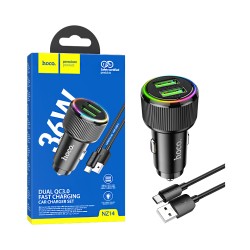 Carregador de carro Hoco NZ14 Guerrero Porta Dupla USB 36W com Cabo Tipo-C 1M Preto Carregador de carro Hoco NZ14 Guerrero Porta Dupla USB 36W com Cabo Tipo-C 1M Preto