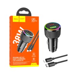 Carregador de Carro Hoco NZ14A Guerrero Porta Dupla USB+Tipo-C 38W com Cabo Tipo-C para Lightning 1M Preto Carregador de Carro Hoco NZ14A Guerrero Porta Dupla USB+Tipo-C 38W com Cabo Tipo-C para Lightning 1M Preto