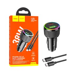 Carregador de Carro Hoco NZ14A Guerrero Porta Dupla USB+Tipo-C 38W com Cabo Tipo-C para Tipo-C 1M Preto Carregador de Carro Hoco NZ14A Guerrero Porta Dupla USB+Tipo-C 38W com Cabo Tipo-C para Tipo-C 1M Preto