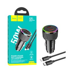 Carregador de carro Hoco NZ14B Guerrero Porta Dupla Tipo-C 50W com Cabo Tipo-C para Lightning 1M Preto Carregador de carro Hoco NZ14B Guerrero Porta Dupla Tipo-C 50W com Cabo Tipo-C para Lightning 1M Preto