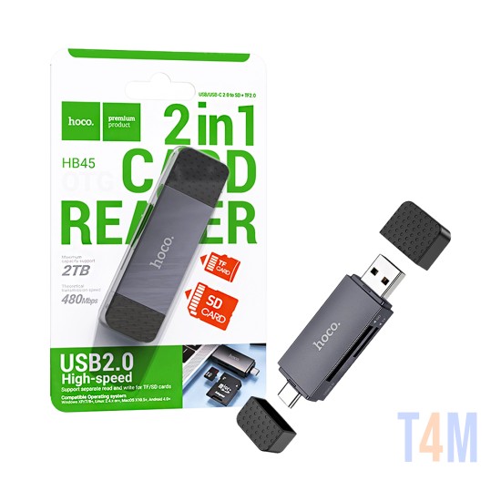 Leitor de Cartões 2 em 1 Hoco HB45 Spirit 2TB/480Mbps USB2,0 Cinza Metálico