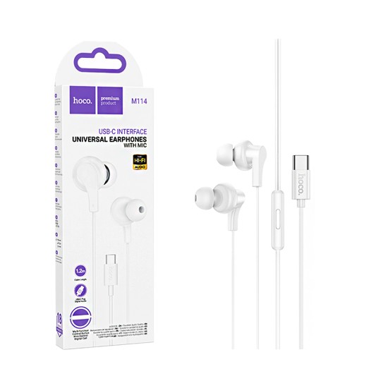 Hoco Wired Earphones M114 Jia with Microphone Type-C 1.2m White