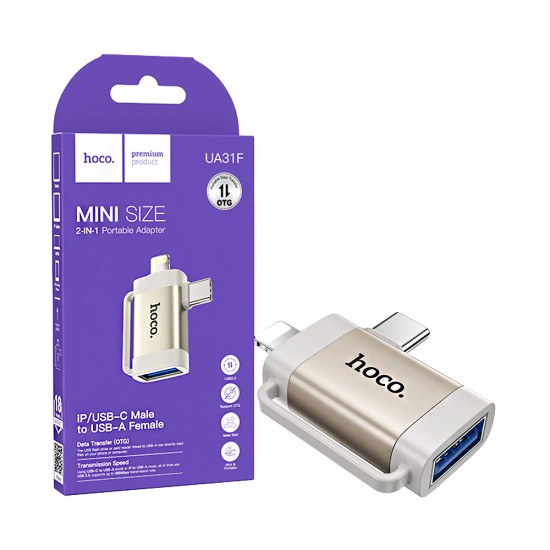 Hoco Adapter UA31F Type-C/Lightning Male to USB Female Gray