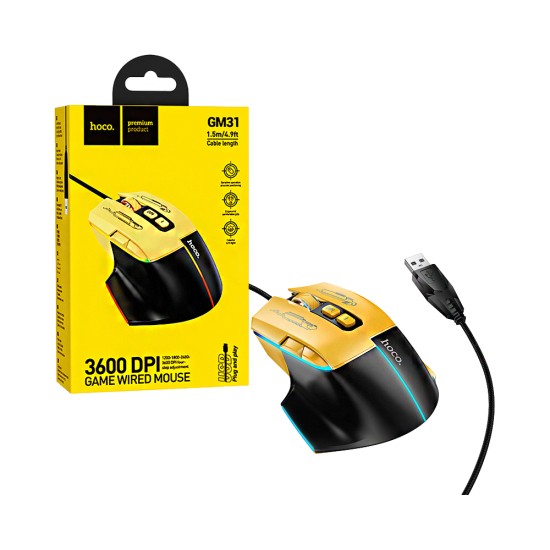 Rato para jogos Hoco GM31 Overlord Luminous com fio Amarelo Preto 