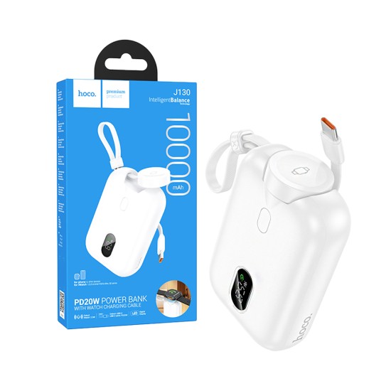 Power Bank Hoco J130 Peak con 2-em-1 cabo iwatch+Type-C PD20W 10000mAh Branco