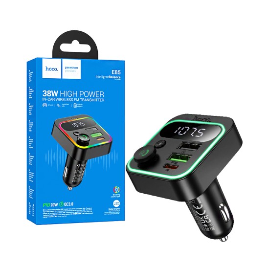 Transmissor FM Sem Fio Hoco E85 Tiger com PD20W+QC3,0 USB Preto Transmissor FM Sem Fio Hoco E85 Tiger com PD20W+QC3,0 USB Preto