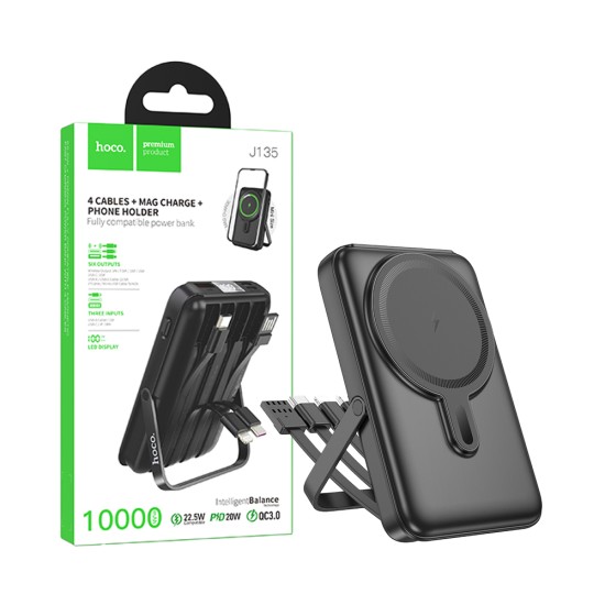 Hoco Magnetic Power Bank J135 Rico with USB+Type-C Port+Micro+Type-C+USB+Lightning Cable 10000mAh Black