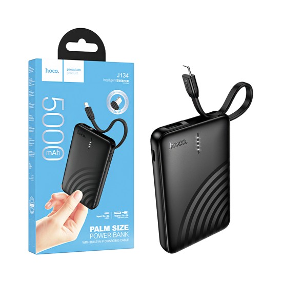 Hoco Power Bank J134 Strong with 2-in-1 USB Port+Lightning Cable 5000mAh Black