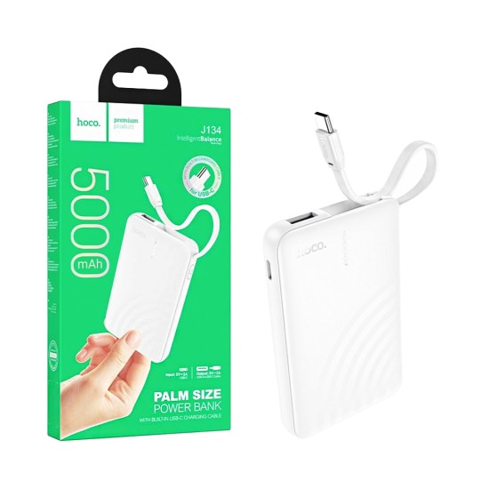 Hoco Power Bank J134 Strong with 2-in-1 USB Port+Type-C Cable 5000mAh White