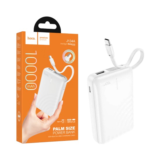 Hoco Power Bank J134A Strong with 2-in-1 USB Port+Type-C Cable 10000mAh White