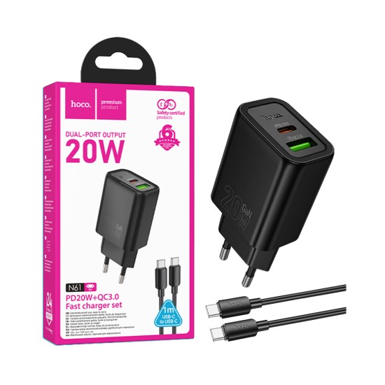 Hoco Charger N61 Gentle 2 Ports USB+Type-C PD20W GAN with Type-C to Type-C Cable 1m Black
